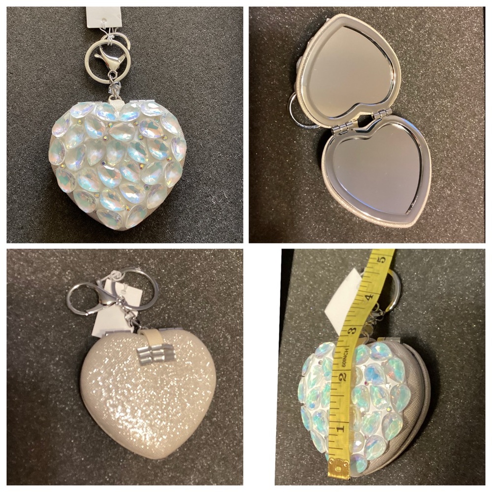 🚨 NWT Heart-Shaped Iridescent Compact Mirror Keychain or Bag Charm
